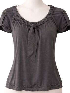 DKNY Slate Gray Short Sleeve Tie-Neck Top